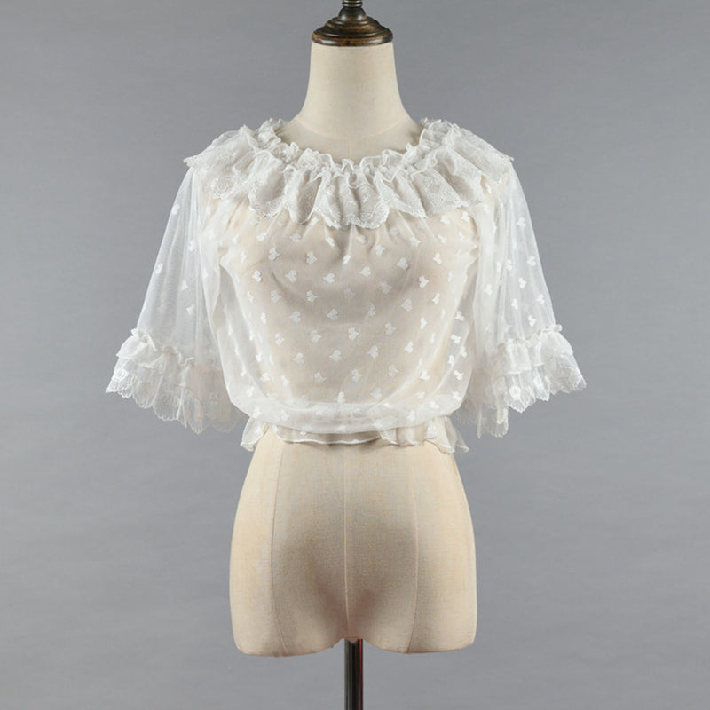 Niu Niu - Plus Size Lolita Shirt Lace Mesh Blouse M white
