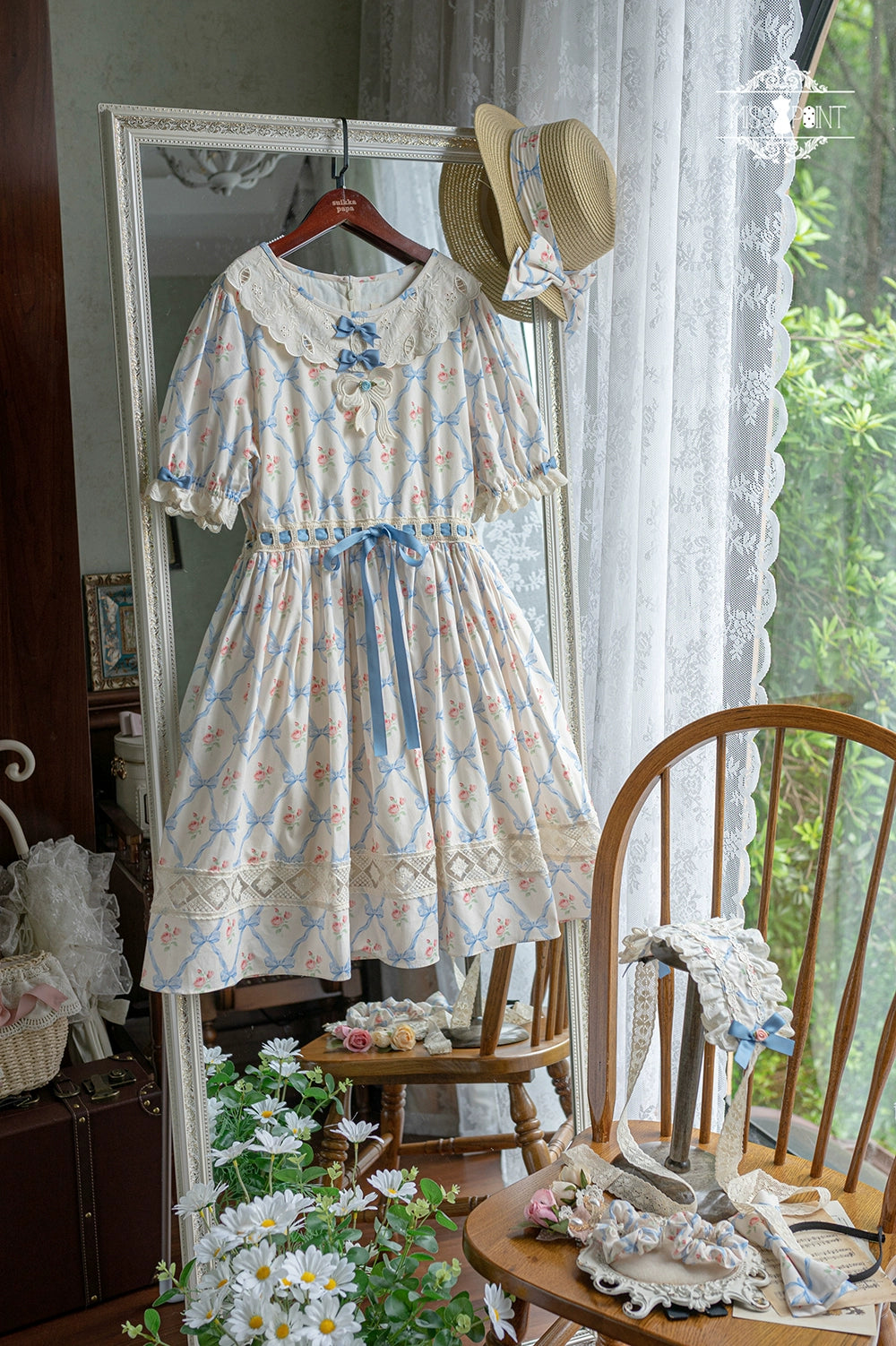 Miss Point~Customized Elegant Lolita OP Dress Cute Daily Girl Short Lolita Dress XS Blue diamond grid - short style 