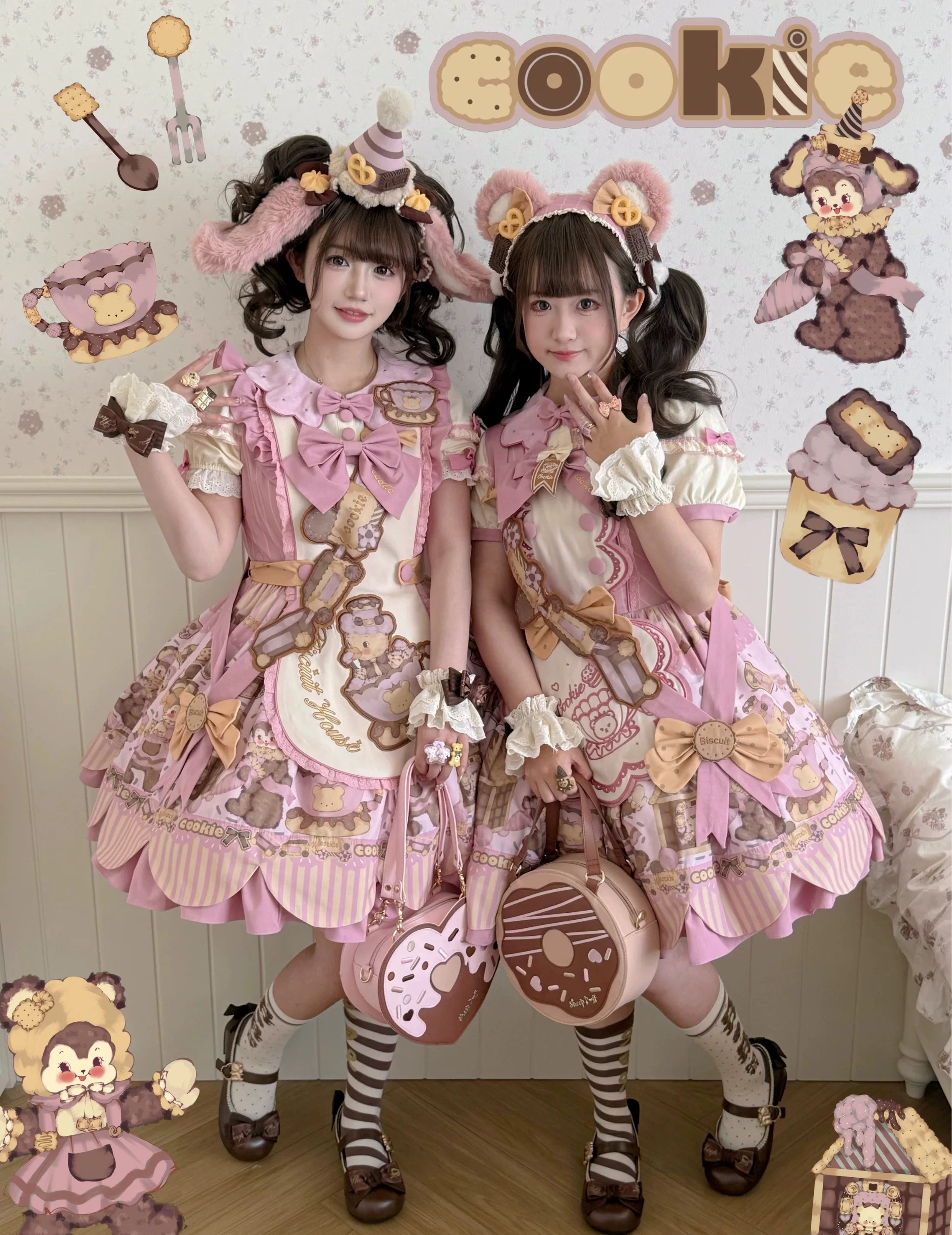 Bear Biscuit SP - Kawaii Lolita Bear Printed Dress Set with Bows