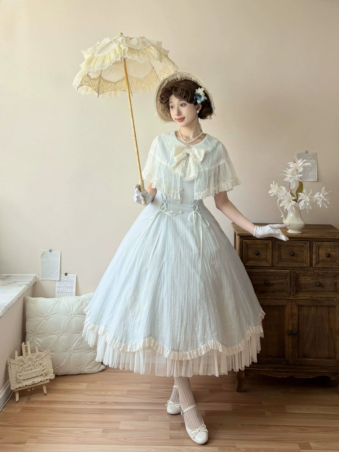 Kuma~Little Wind Chime~Elegant Lolita OP Water Blue Dress With Decorative Tulle Cape