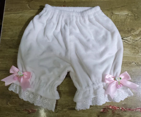 Winter Coral Fleece Lolita Bloomers, Lace Trimmed Bloomers with Pink bow One Size