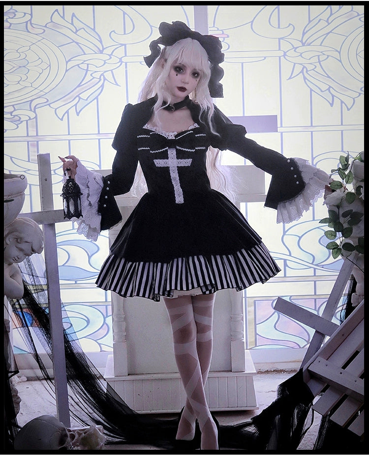 With PUJI~Requiem of Peace~Gothic Lolita Halloween Dress Fake Two-Piece OP   