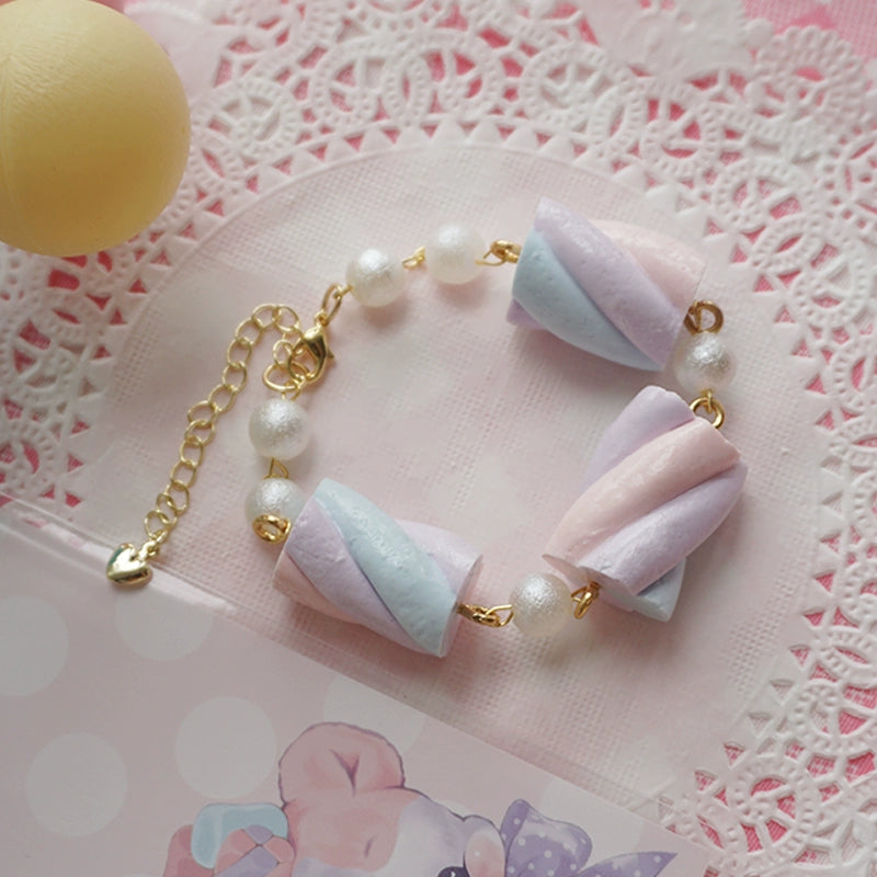 Cat Tea Party~Sweet Lolita Accessories Simulated Cotton Candy Clay Bracelet Necklace Pink and purple bracelet  