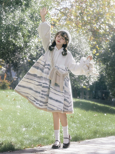 With PUJI~Bleu Rabbit~Winter Lolita OP Dress Rabbit Ear Hoodie Dress   