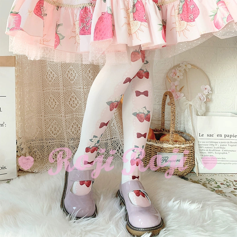 Roji Roji~Strawberry Bow~Print Llita Pantyhose Strawberry Bow 120D Velvet Tights   