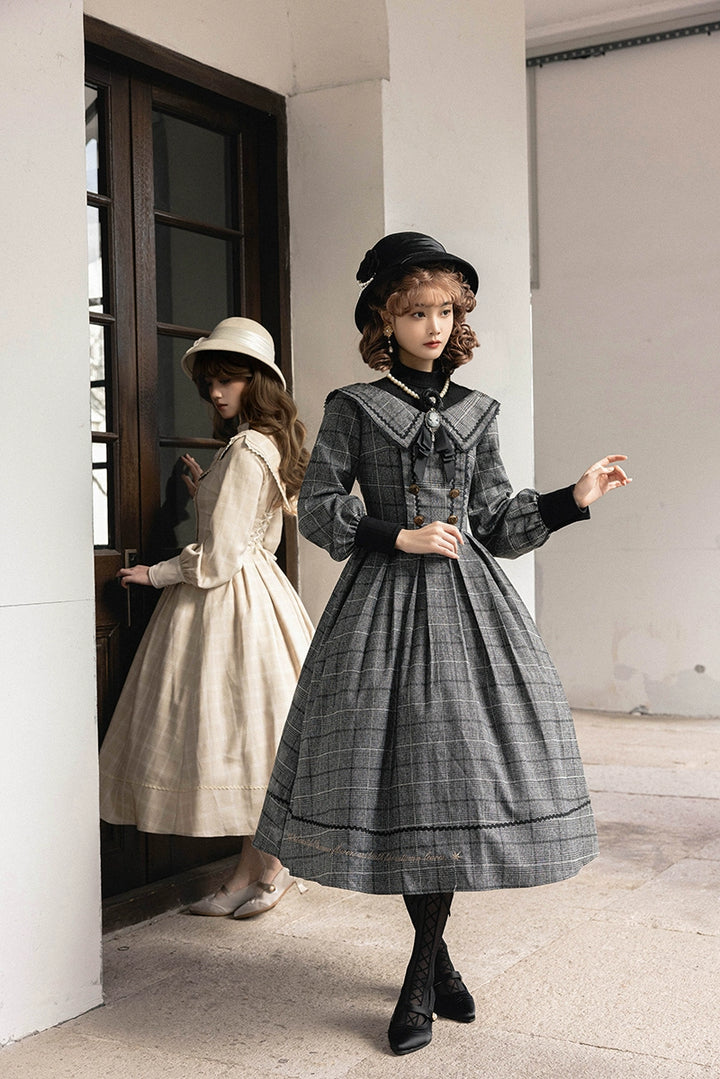 ZeeYe~Maple Dan Bai Lu~Classic Lolita Plaid Dress Long Sleeved OP