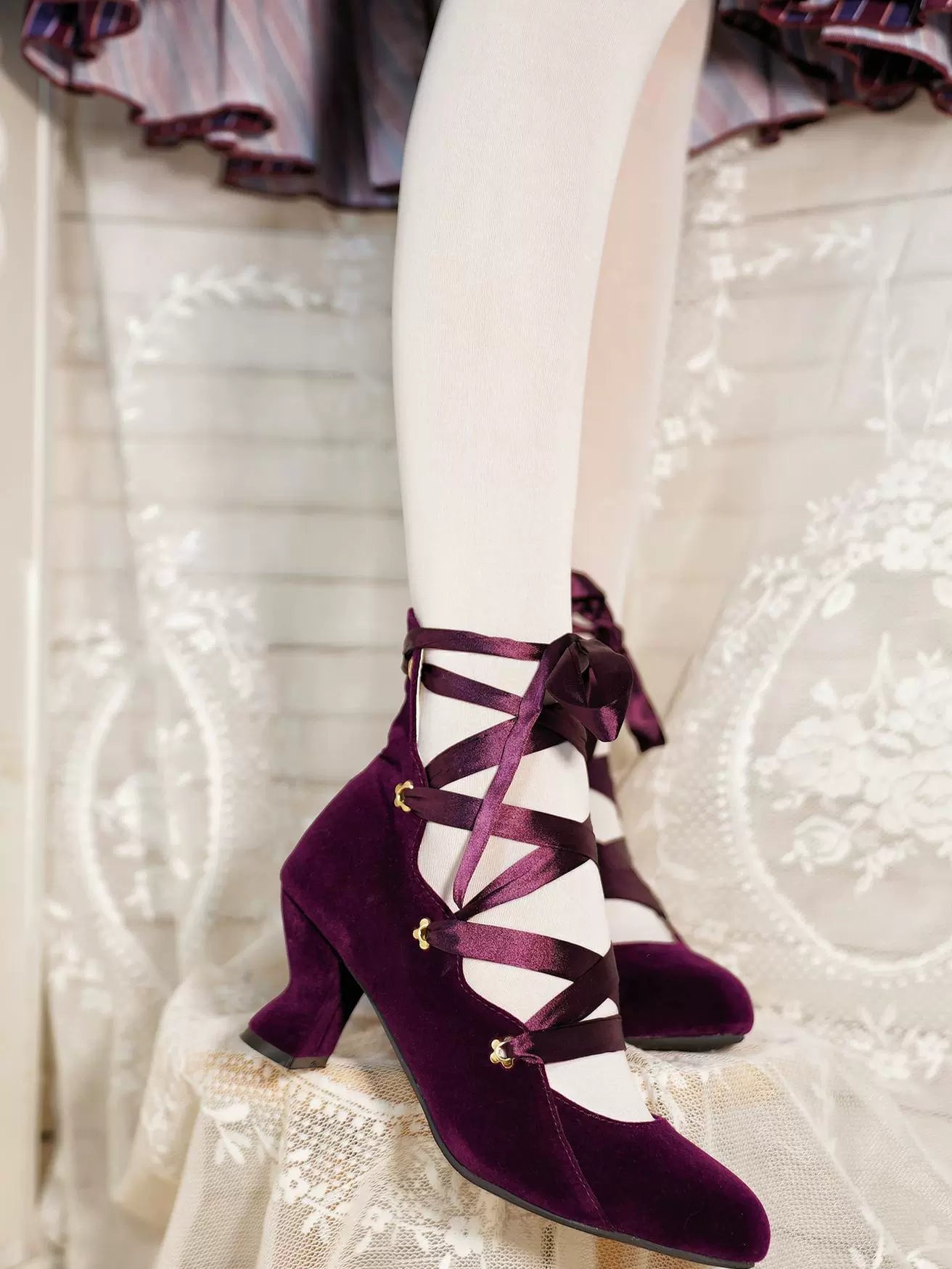 MR.Qiutian - Forbidden Dance - Elegant Lolita Velvet Shoes, Adjustable Lace-Up Straps
