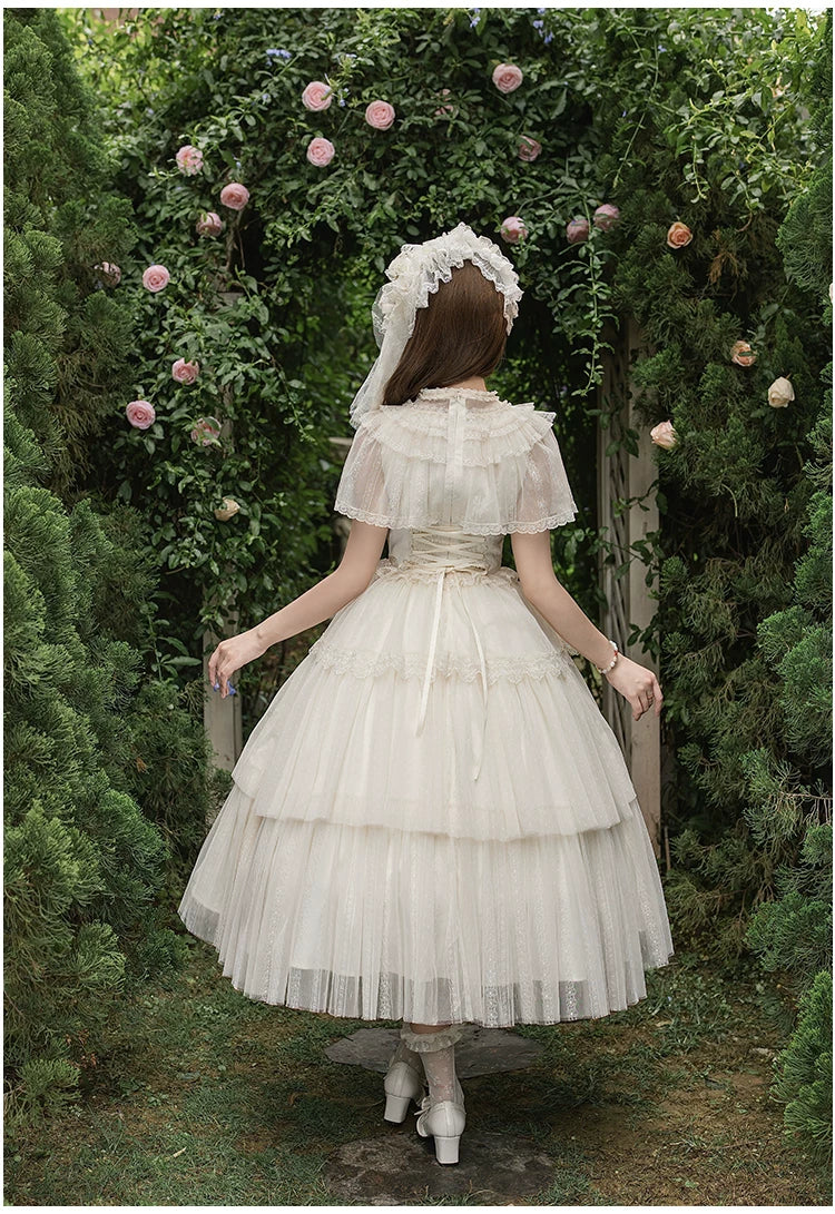 White Mist Promise - Classic Lolita Corset OP Set, Edwardian Collar & Tiered Hem 45173:838305