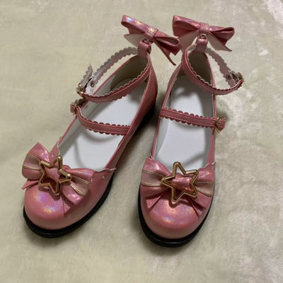 (BFM)Bubble Cat~Dreamy Starry~Sweet Lolita Shoes Low Heel Bow Shoes 34 dark pink (giltter under the sun) 