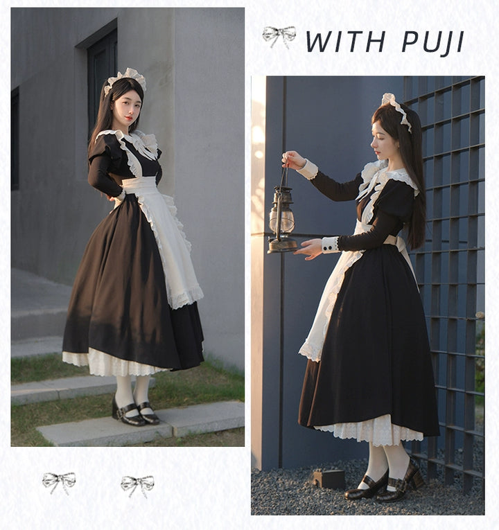 With PUJI~Kiss Kiss~Vintage Lolita OP Dress Maid Lolita Dress   