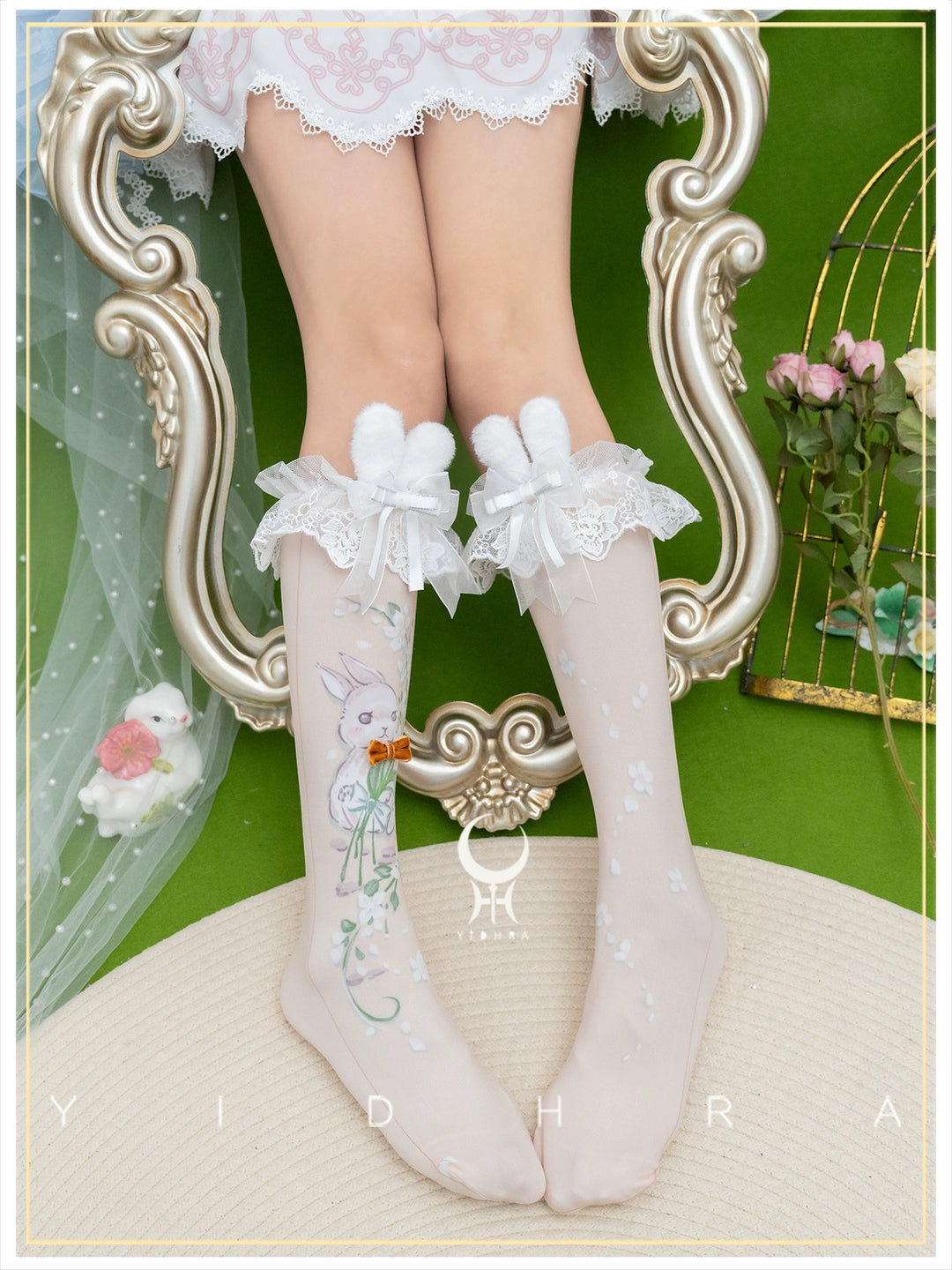 Yidhra~Animal Garden~Kawaii Lolita Calf Socks Cat Rabbit Print Stockings Creamy Yellow - Calf Socks