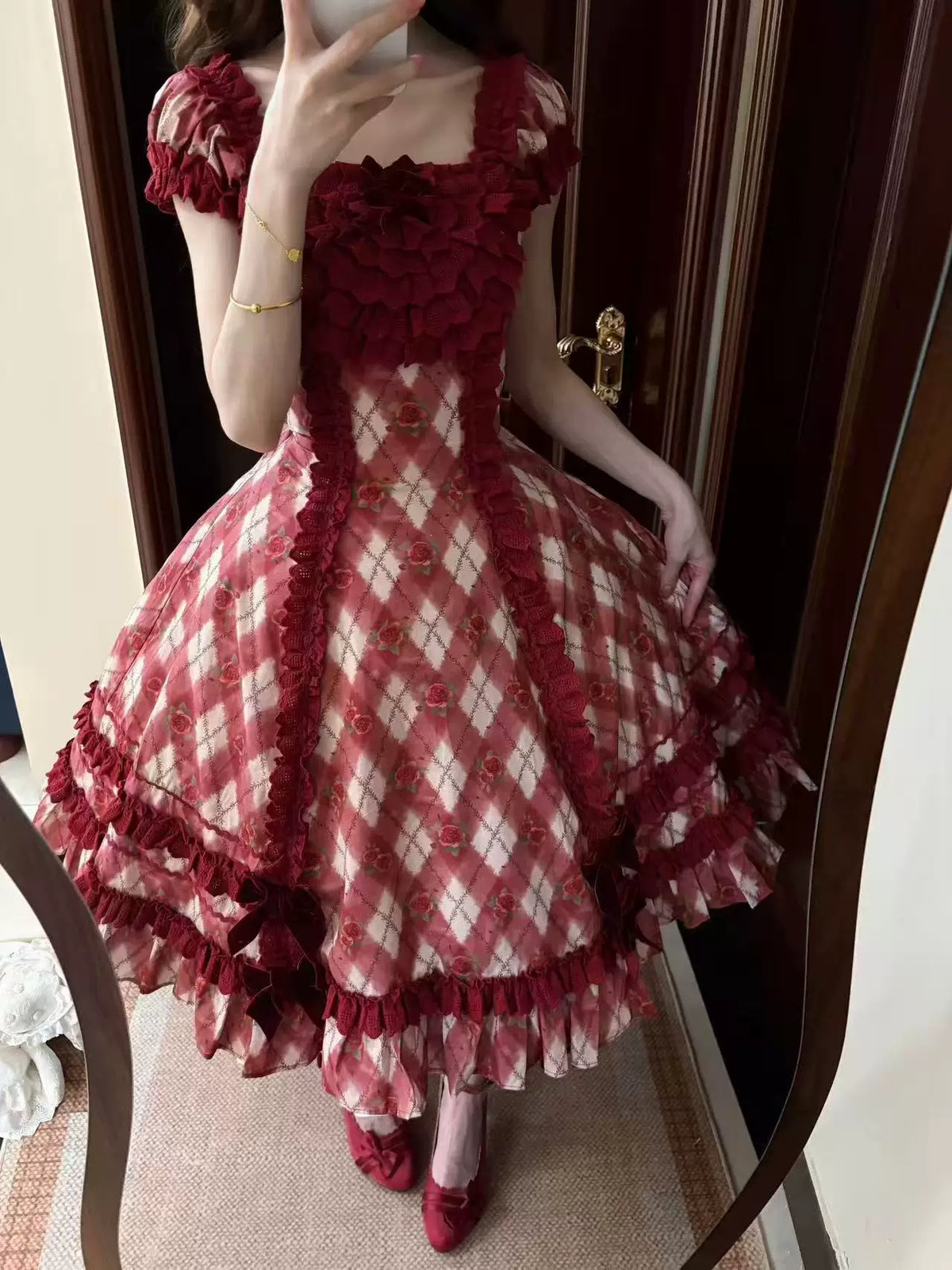 Red Pencil - Old School Lolita OP Dress, Salon de the Rose Print 46099:875145