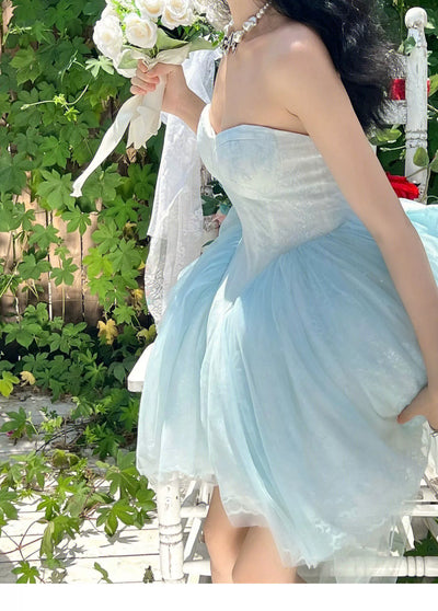(BFM)1R Studio~Elegant Lolita Dress Blue Princess Strapless Puffy Dress   