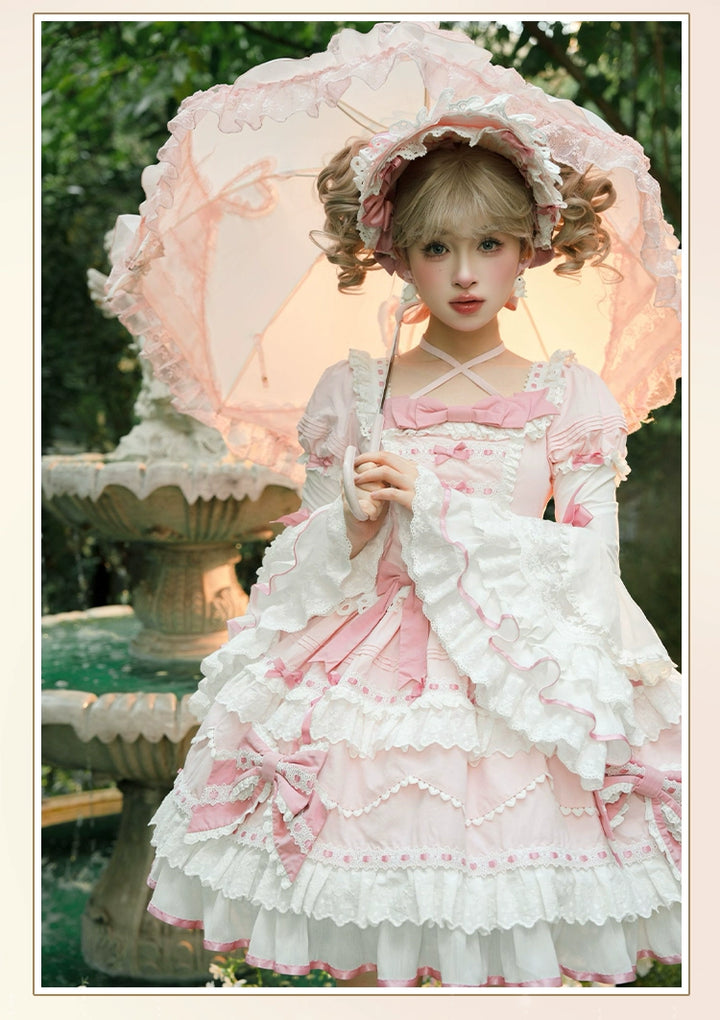 Heartbeat doll~Lily's Tea Party~Pink Old School Lolita OP Dress Long Sleeve