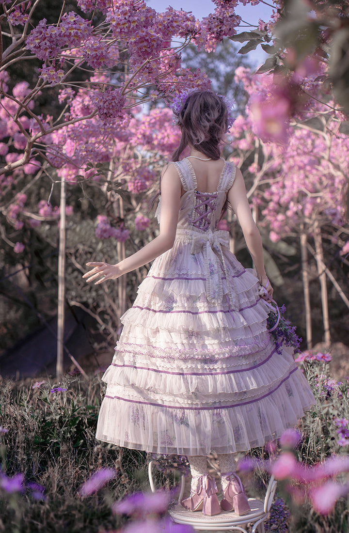 Avenue Denfer~Floral Veil~Elegant Lolita JSK Suit Floral Print Dress and Tulle Shawl