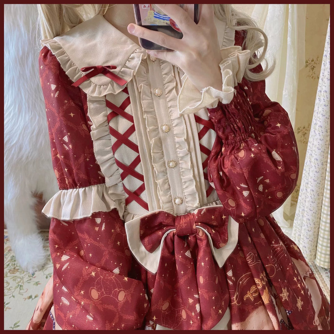 Matutu~Sweet Bear Gift House~Sweet Lolita Suit Christmas Lolita OP and Cape   