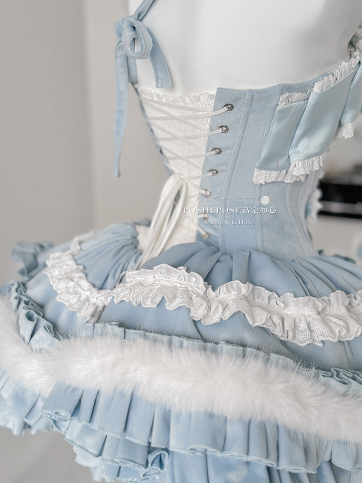 POSHEPOSE~Chuling Swan Lake~Sweet Lolita JSK Set Velvet Blue Dress for Prom 42865:755851