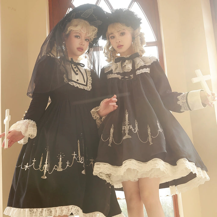 Mademoiselle Pearl~Winter Evening Prayer~Gothic Lolita Jumper Dress Embroidered Candlestick OP Dress   