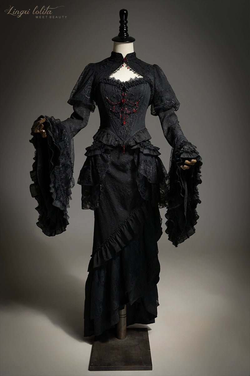 Lingxi Lolita~Lord of the Night~Gothic Lolita Skirt Suit Mermaid Skirt and Fishbone Bodice 42159:730303