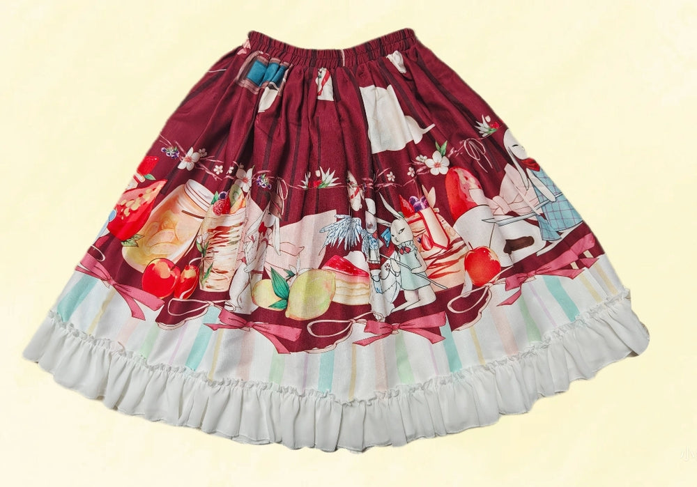 Magic Tea Party~Kawaii Cotton Lolita SK With Bunny & Cosmic Cat Prints Red - rabbit print / short version Free size