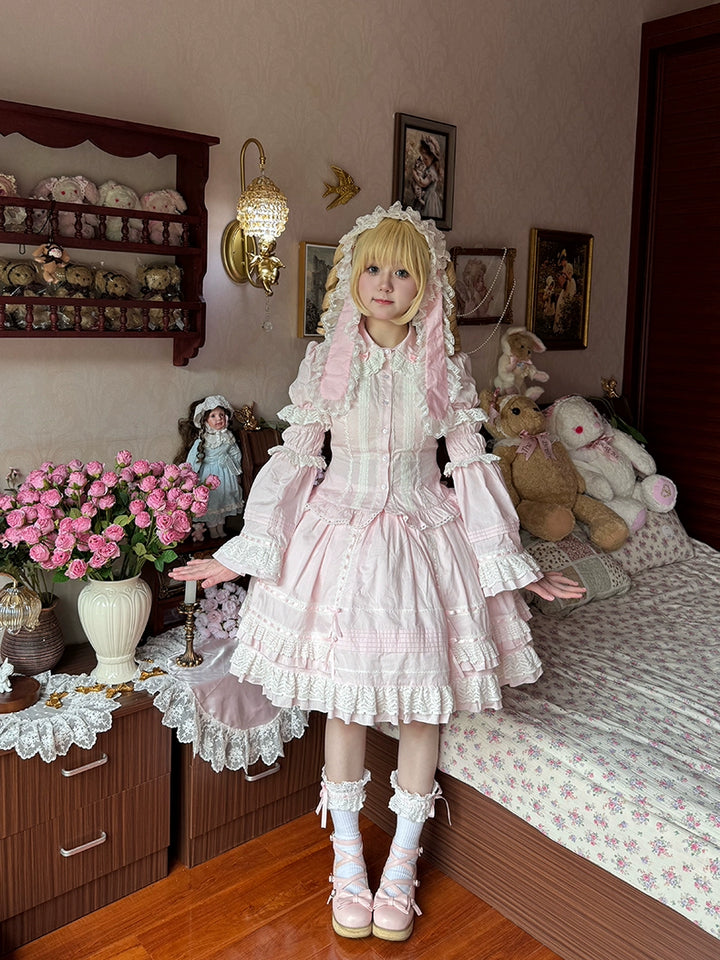 AerialCat~Praying Snowfall~Old School Lolita Skirt Suit Cape Princess Sleeve Shirt Light Pink Shirt + Princess Sleeves - XS  