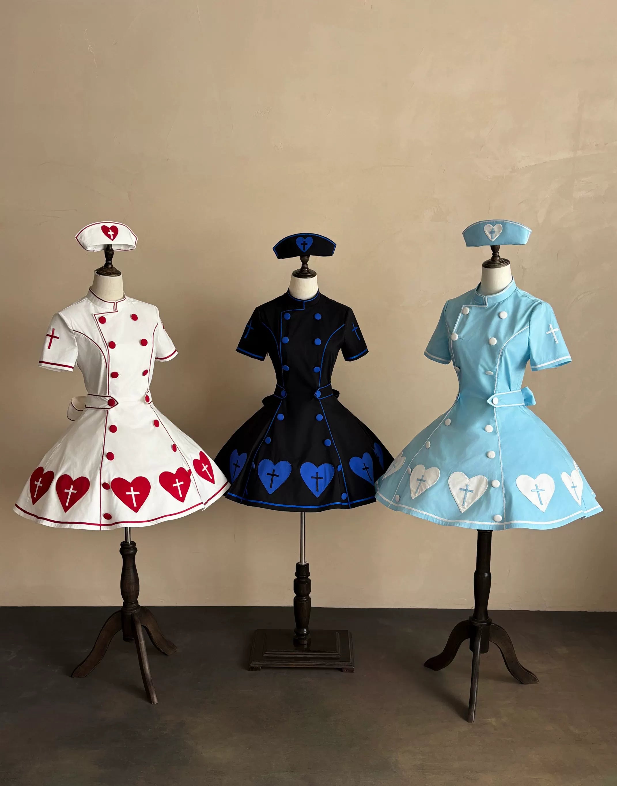 Sweet Heart Hospital - Old School Lolita Stand Collar OP Dress, Heart-cross Patches 45178:838342