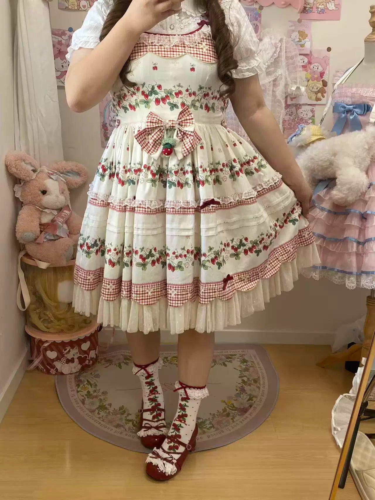 Cranberry and Lucky Clover - Cotton Sweet Lolita JSK Dress, Strawberry and Floral Print 45296:846318