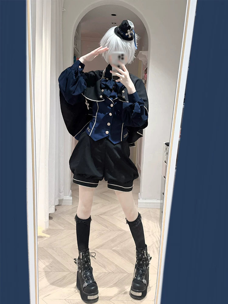 Fallen Holy Star - Ouji Lolita Ruffled Chiffon Blouse & Cape Set, Elastic Shorts 45816:863667