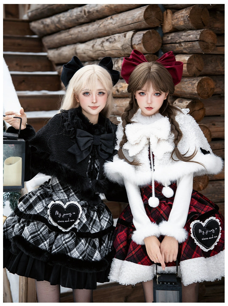 With PUJI - Snow Night Serenade - Fluffy Plaid Kawaii Lolita JSK, Reversible Cape 44279:802339