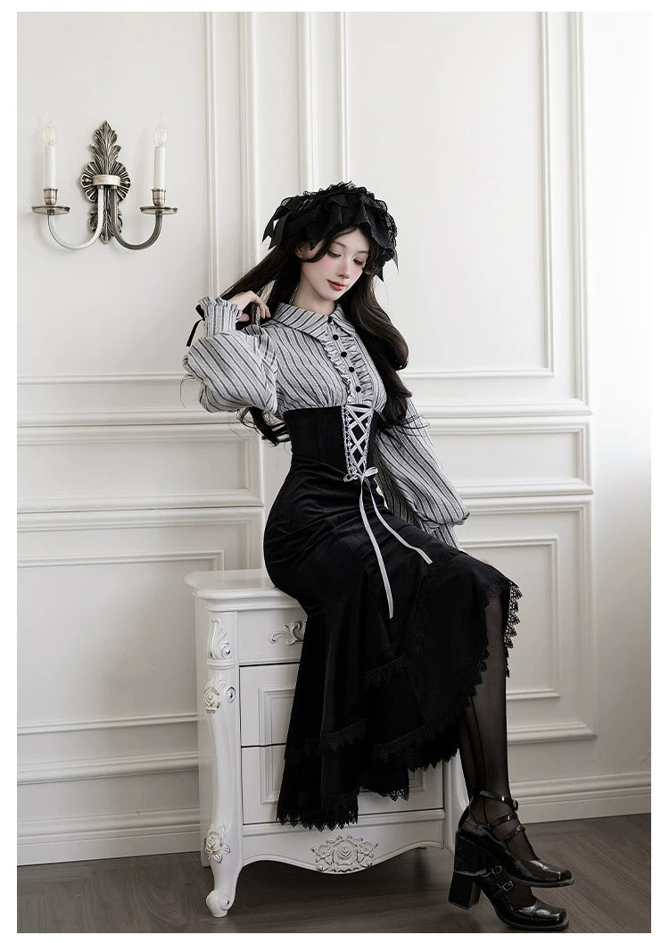 Dusk Moment - Classic Lolita Striped OP & Mermaid Dress Set, Fishbone Waist 44498:810697