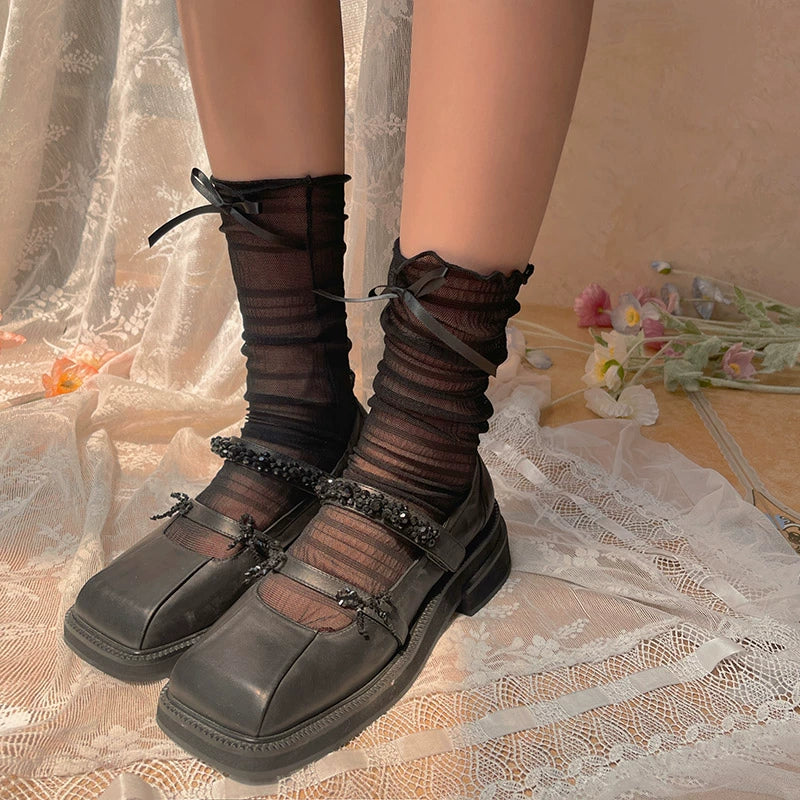 WAGUIR - Sweet Lolita Calf Socks Cute Bow Lolita Socks One Size Black