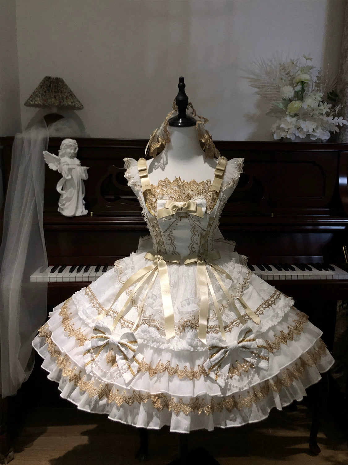 Hanguliang - Gilded Memories - Princess Lolita Jumper Dress, Tiered Ruffles White JSK Only S