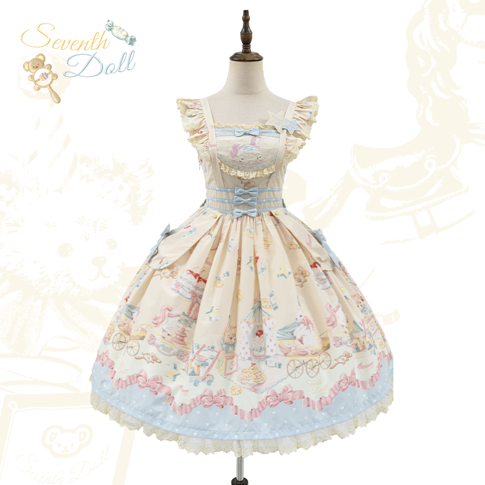 The Seventh Doll~Peti Toy House~Old School Lolita Jumper Dress Vintage OP Dress S Cream Yellow x Blue JSK 