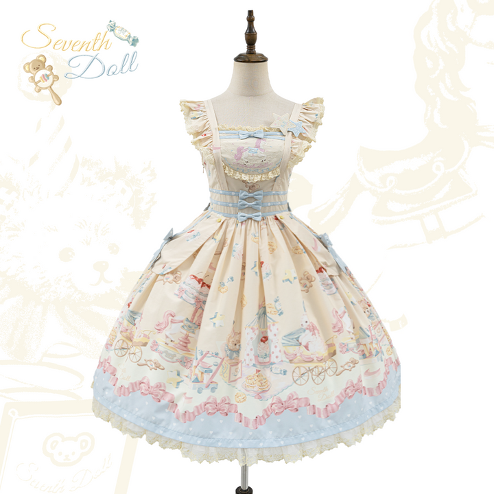 The Seventh Doll~Peti Toy House~Old School Lolita Jumper Dress Vintage OP Dress S Cream Yellow x Blue JSK 