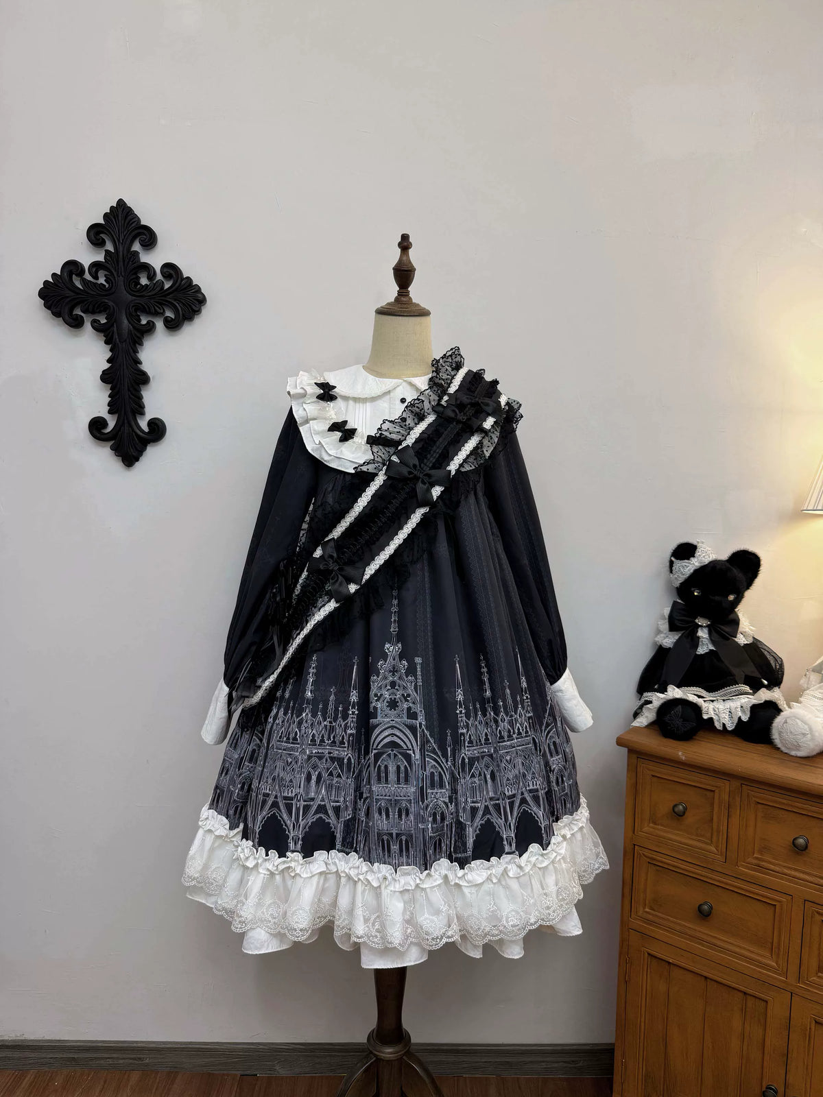 Silent Spire - Gothic Lolita Cathedral Print JSK & OP Dress Set, Side Pockets (L M S XL) 45921:868138