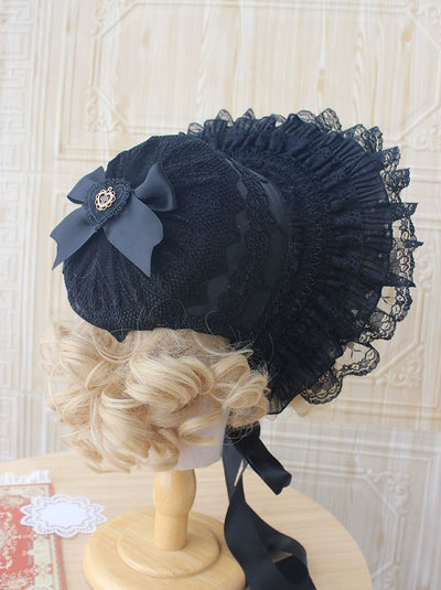 (BFM)Deer Girl Handmade~Gothic Lolita Handmade Bonnet with Bows and Beads pure black bow-tie style  