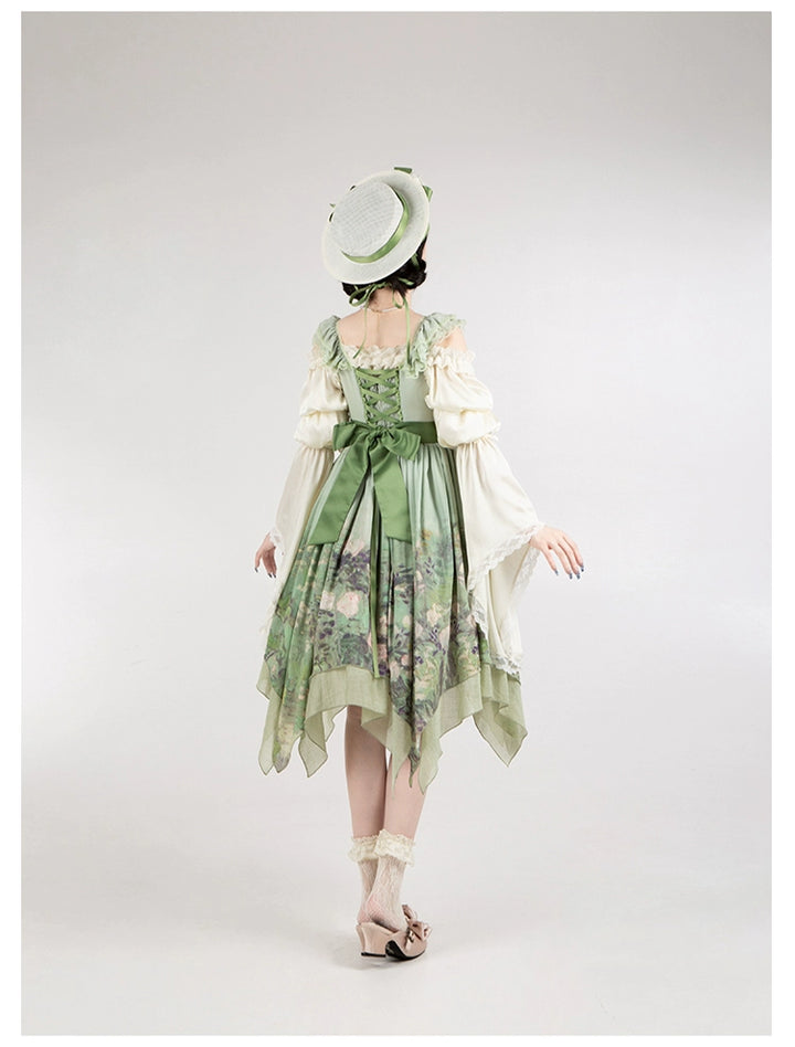 With PUJI~Blooming Rose~Chiffon Classic Lolita Dress Set Painting Styled OP & JSK 42925:758708