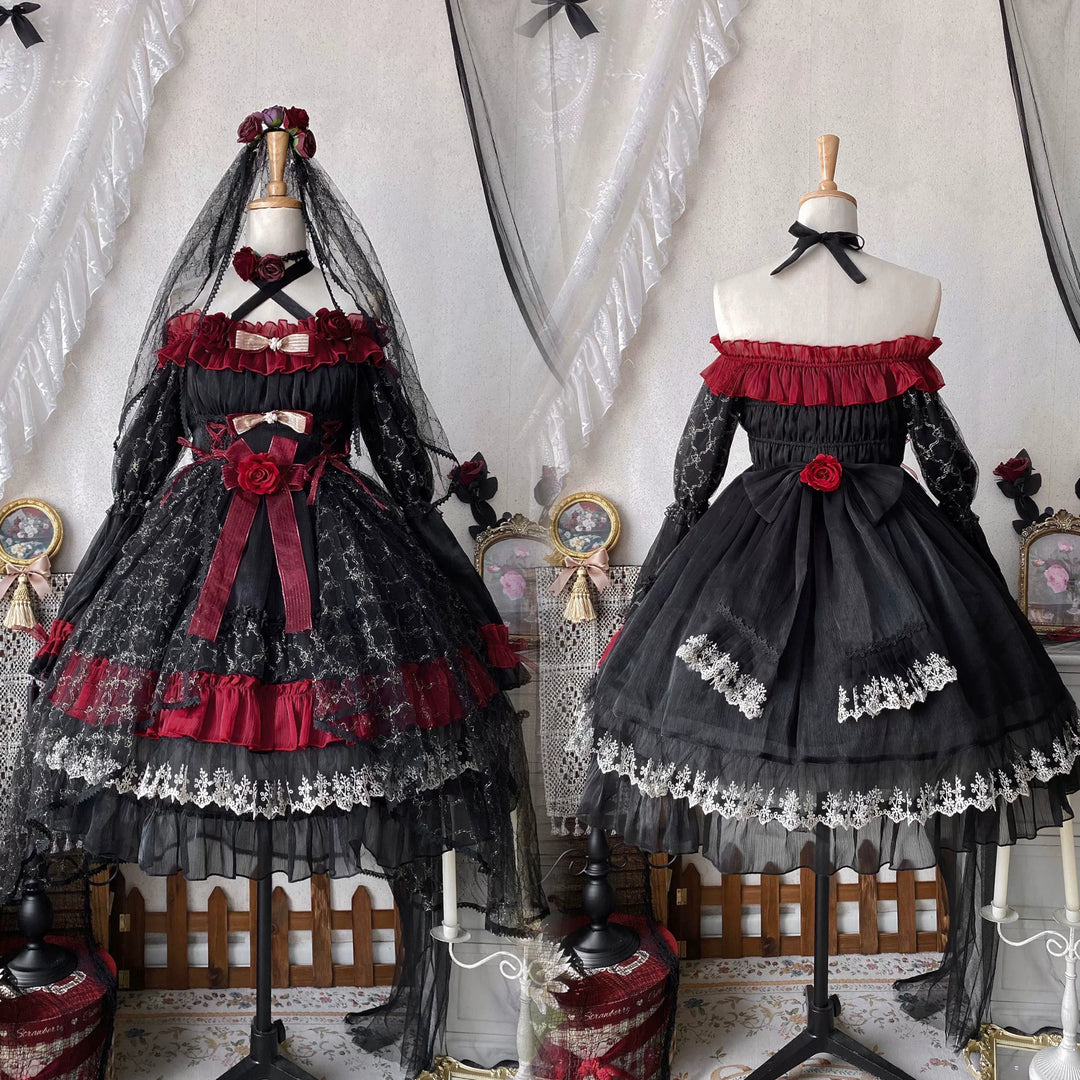 Uncle Wall Original~Night of Berea~Gothic Lolita OP Black and Red Lolita Dress