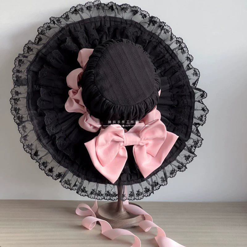 MAID~Vintage Lolita Hat Striped Lace Hat Pink x Black Sombrero  