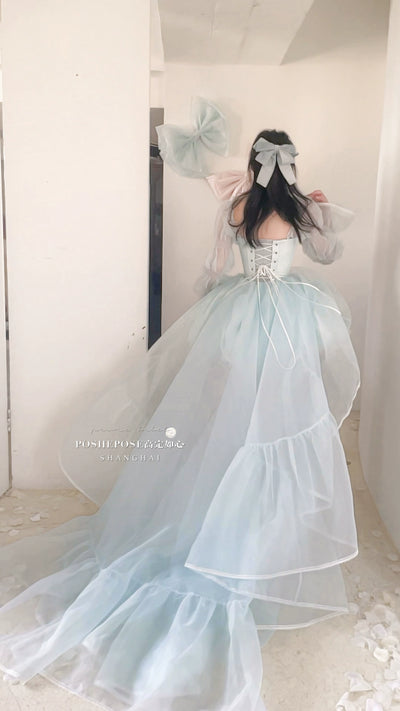 POSHEPOSE~Water Color Cherry~Gorgeous Blue Lolita JSK Dress Summer Gown Dress XS Blue Organza Long Dress + Trailling + Narrow Straps 