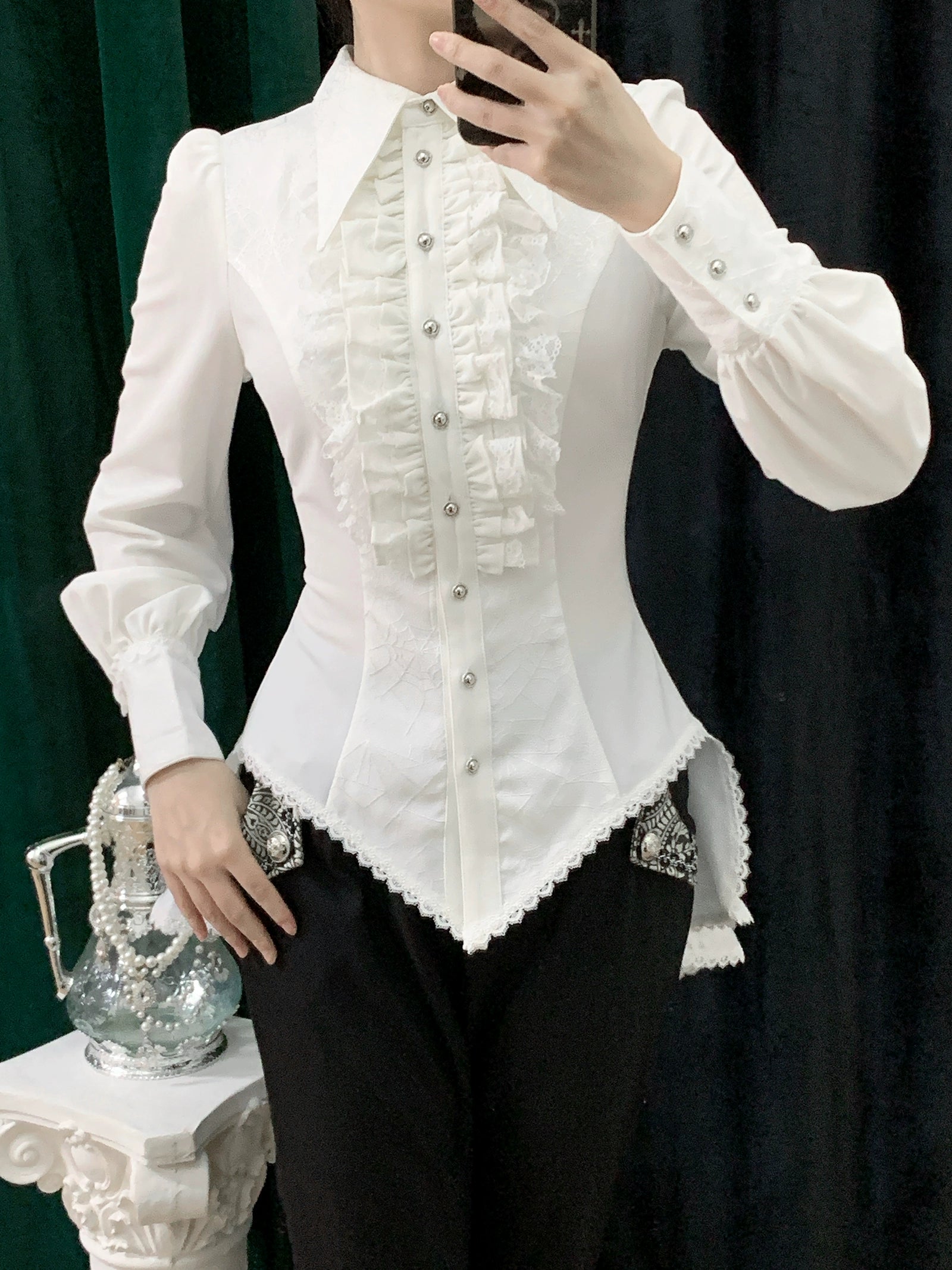 Little Dipper - Cold Rice - Ouji Lolita Shirt With Spiderweb Pattern in Several Versions Short Sleeves - White Shirt with White Lace - Long Version M