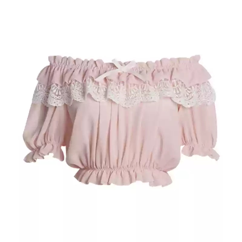 ZhiJinYuan - Elegant Lolita Shirt Open Shoulder Blouse One Size grey-pink