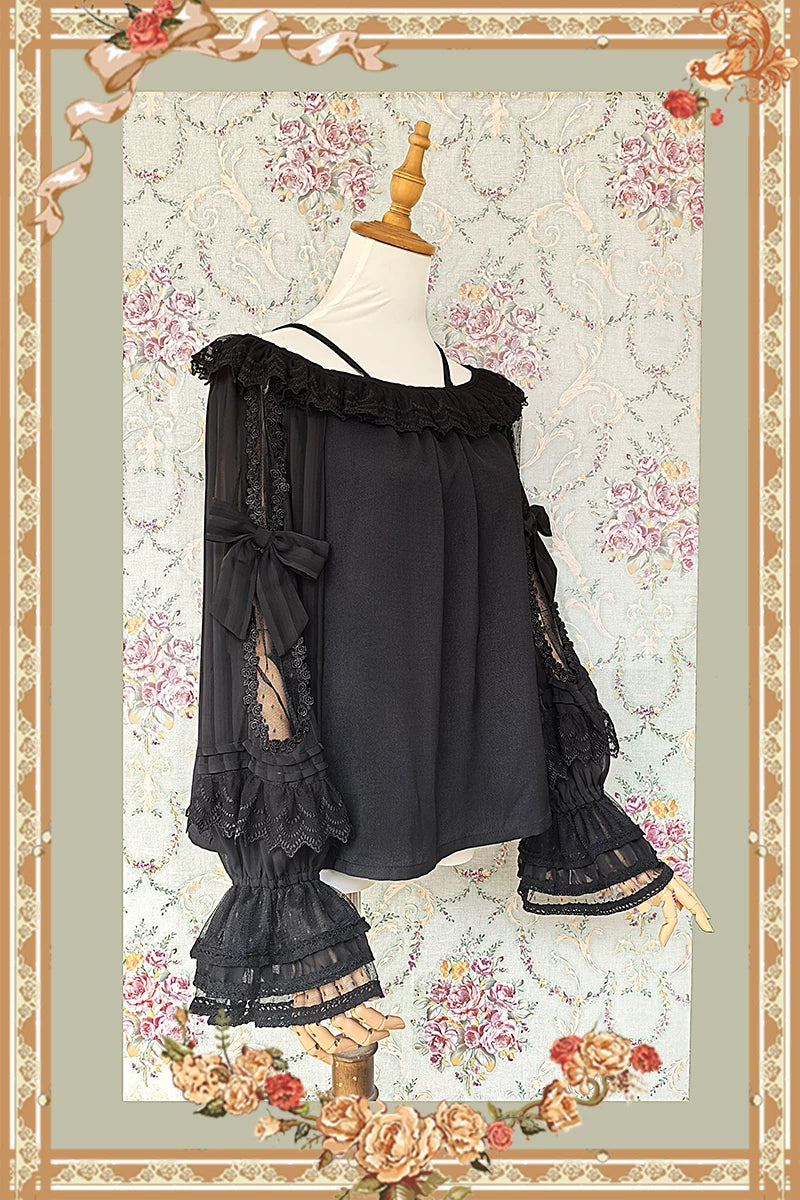 Canon Of Floral Melody - Gothic Lolita Black JSK Dress, Jacquard Pattern Off-shoulder Blouse Only S