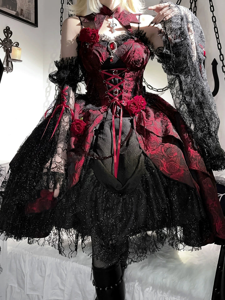 Cornfield Lolita~Rose Blood~Black Red Gothic Lolita JSK Jacquard Court Dress 40688:673078