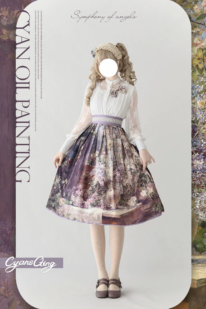 Cyan Lolita~Oil Painting Collection~Elegant Lolita Skirt Printed SK Blossoming Tree Shade (77cm) S 