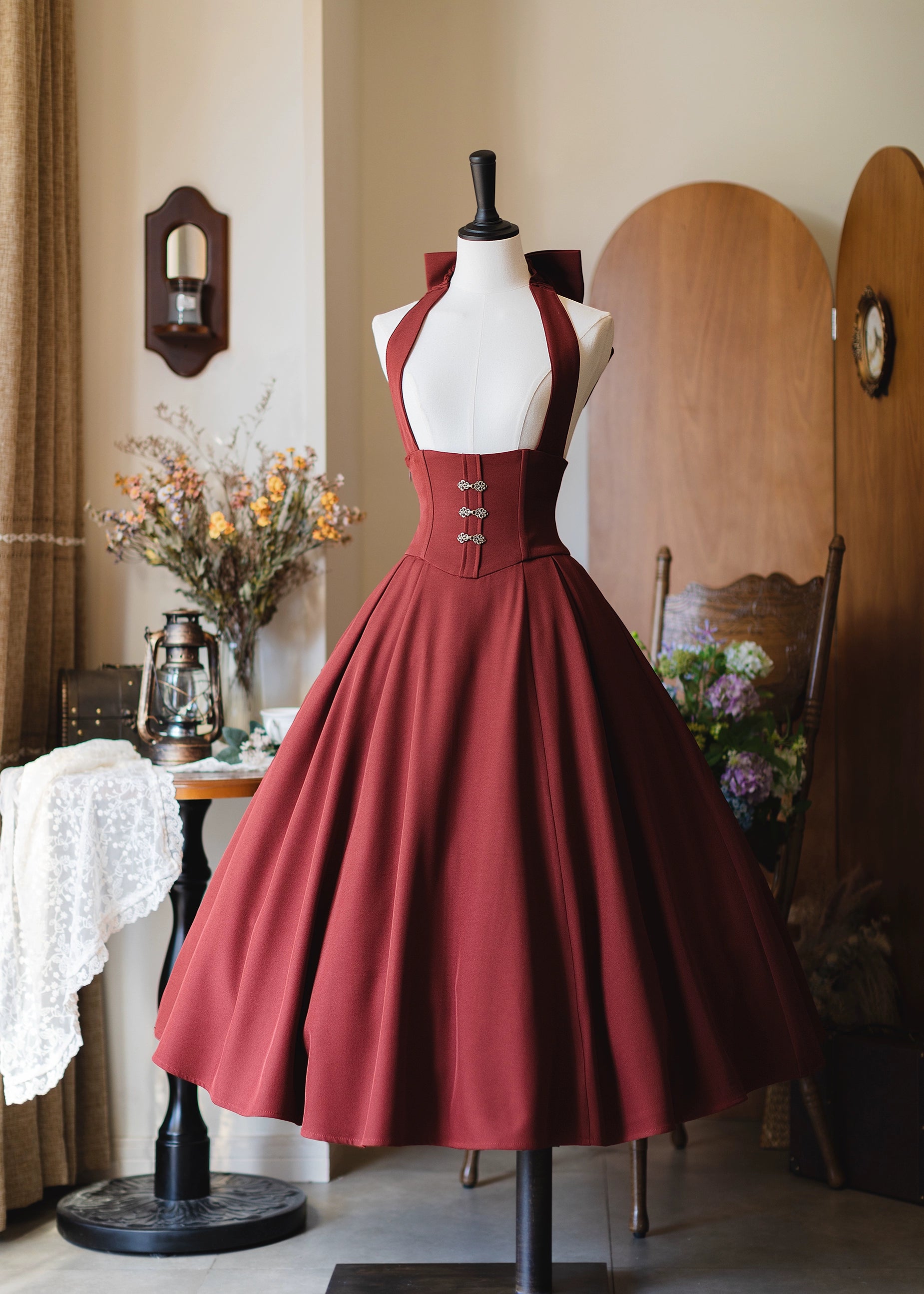 Forest Wardrobe - Vintage Lolita Fishbone Halter SK, Autumn Jacket S Halter Skirt Only - Red Long Version