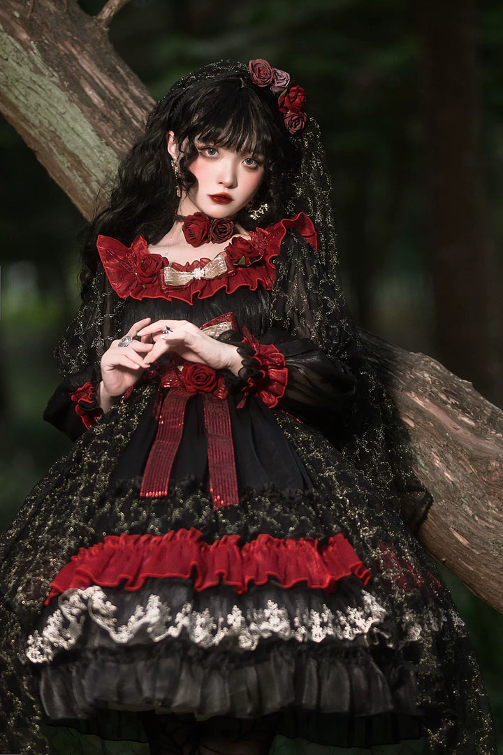 Uncle Wall Original~Night of Berea~Gothic Lolita OP Black and Red Lolita Dress