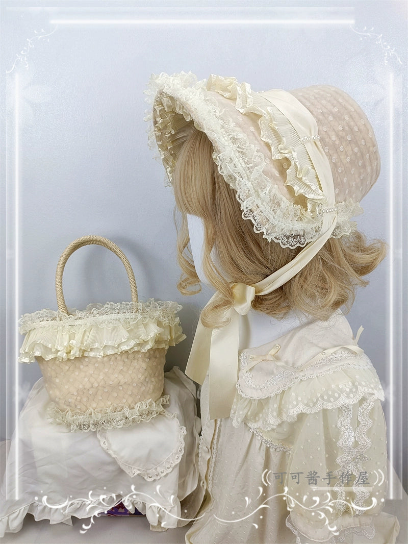 Cocoa Jam~Retro Lolita Hat Hand-basket Ivory Lace Lolita Hat Hand-basket   