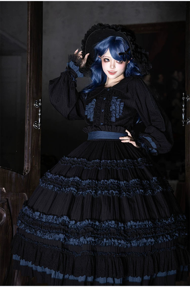 Wings and Bouquet - Dark Classic Lolita Blouse and SK Set, Layered Blue Ruffles 45680:858296
