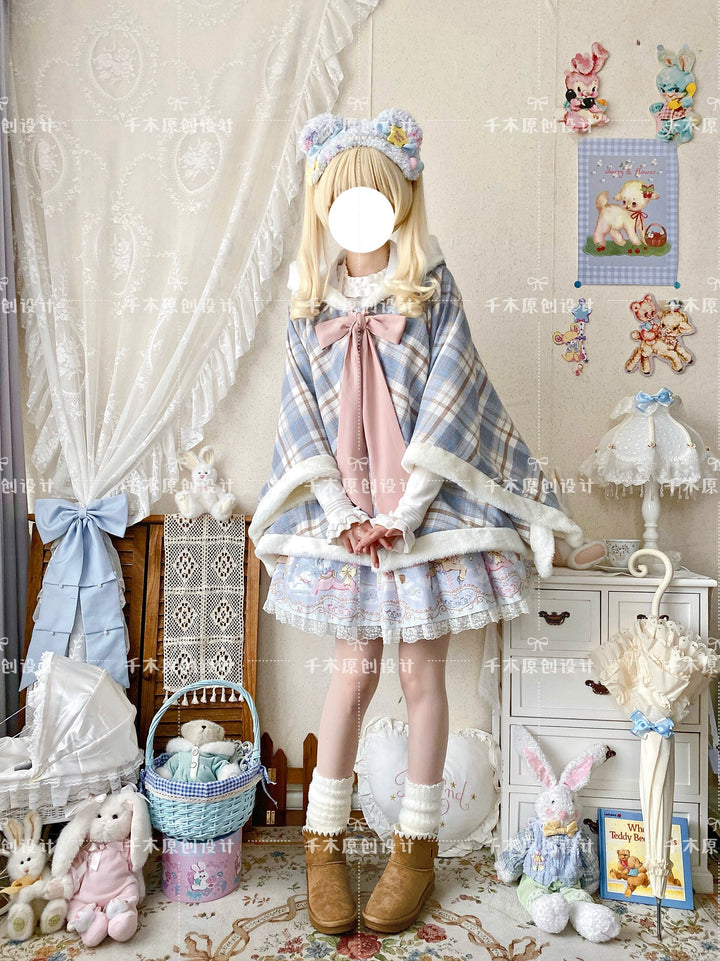 Qianmu~Waffle~Kawaii Lolita Cape Daily Lolita Plaid Hoodie Cloak